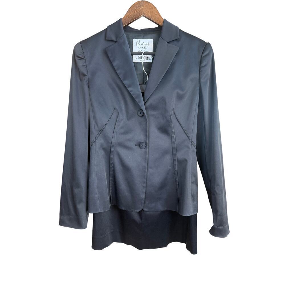 Moschino Cheap and Chic Vintage Black Satin Skirt Suit Set Size 10, measures a 6